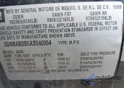 2010 Chevrolet Hhr Lt from USA, damaged, VIN 3GNBABDB5AS540054